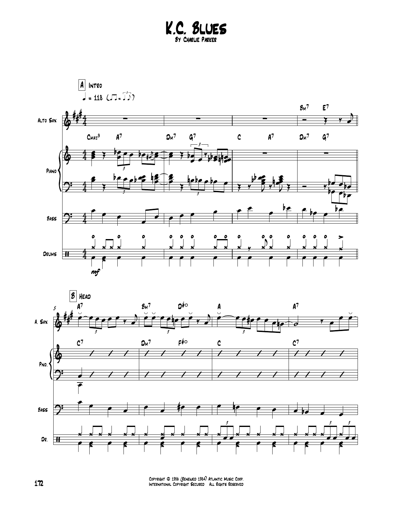 Charlie Parker K.C. Blues sheet music notes and chords. Download Printable PDF.