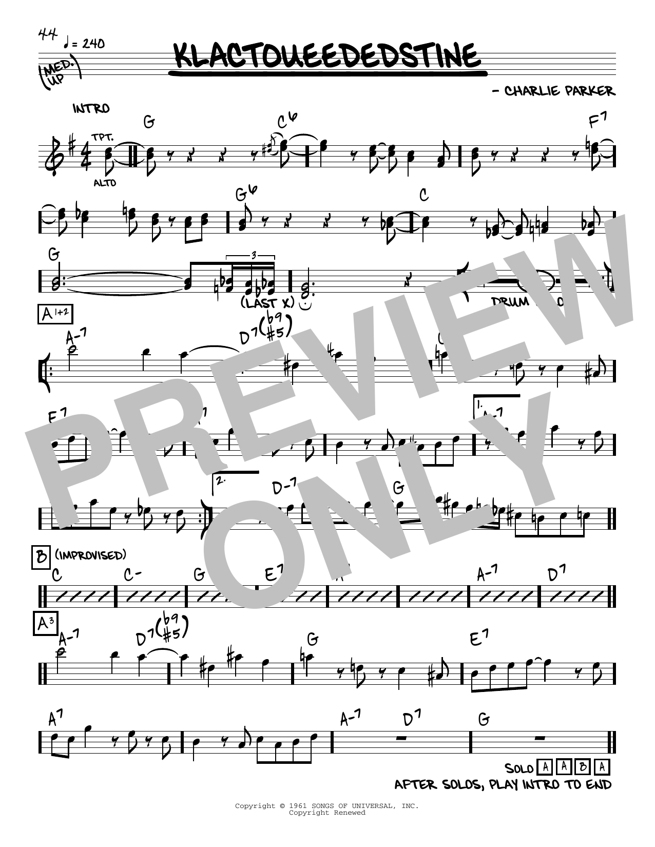 Charlie Parker Klactoveededstene sheet music notes and chords. Download Printable PDF.