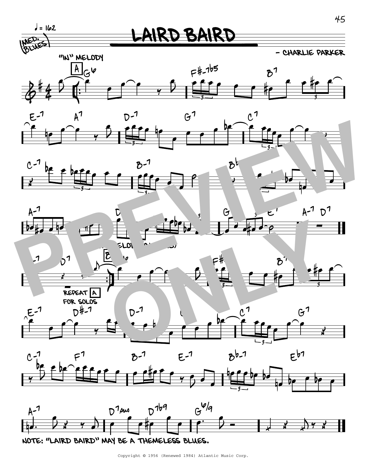 Charlie Parker Laird Baird sheet music notes and chords. Download Printable PDF.