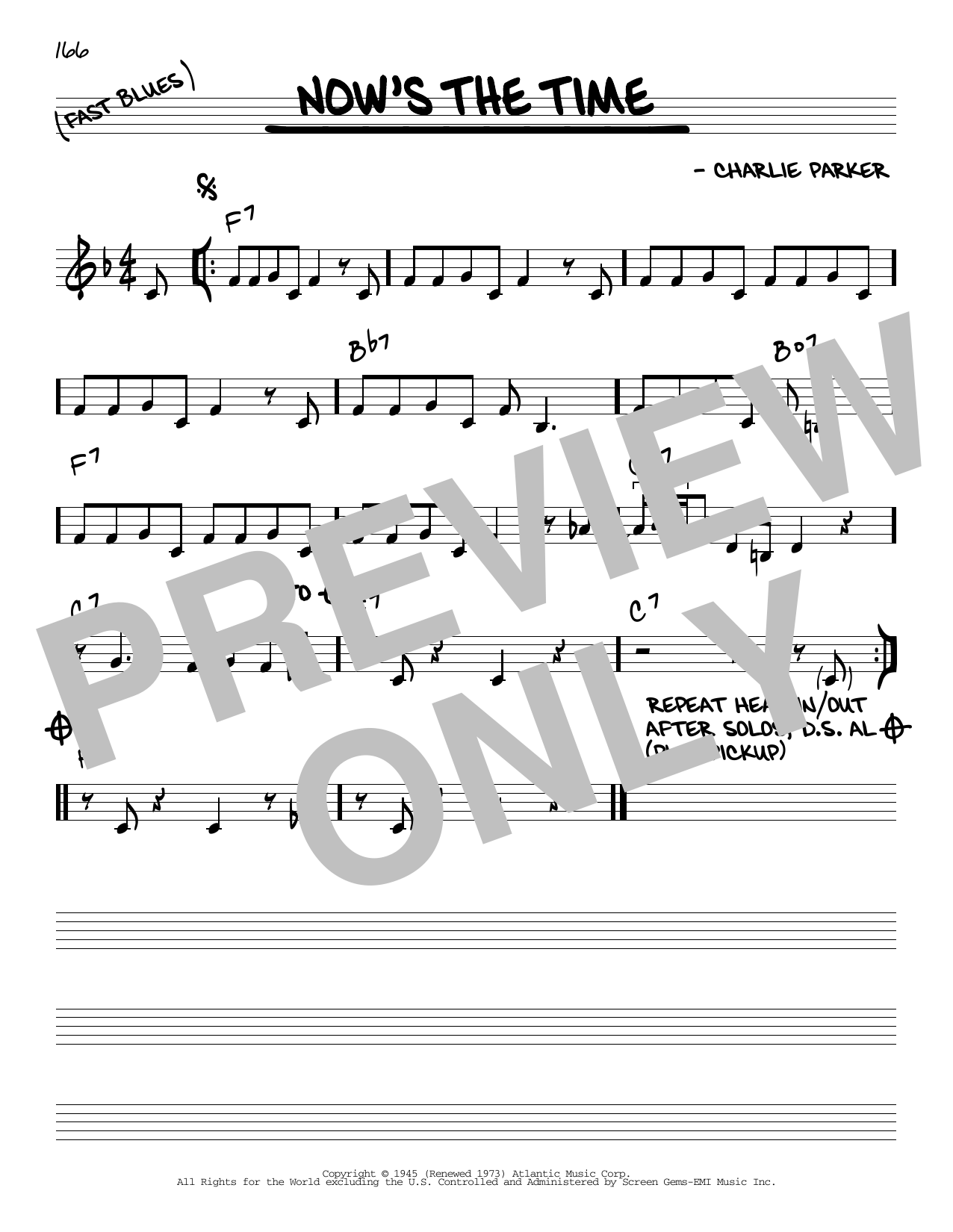 Charlie Parker Now's The Time sheet music notes and chords. Download Printable PDF.