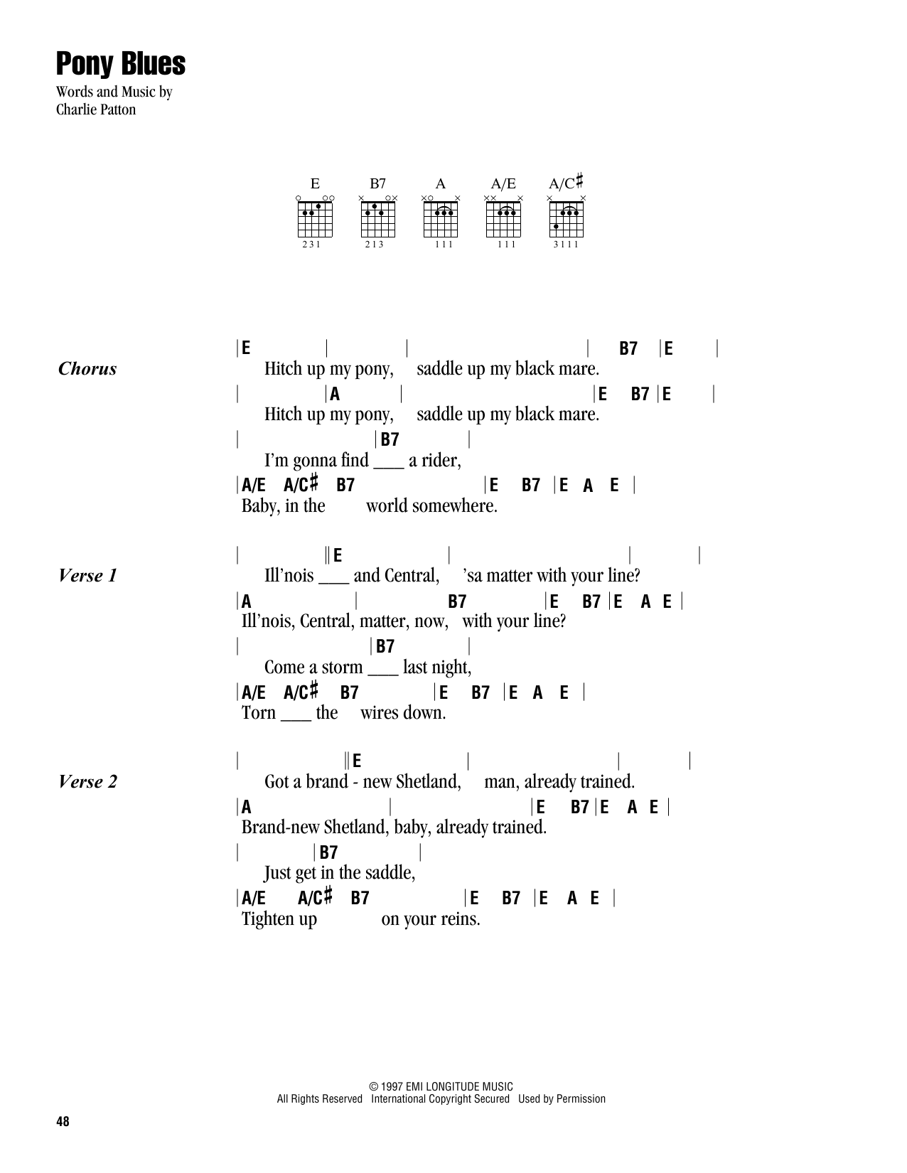 Charlie Patton Pony Blues sheet music notes and chords arranged for Real Book – Melody, Lyrics & Chords