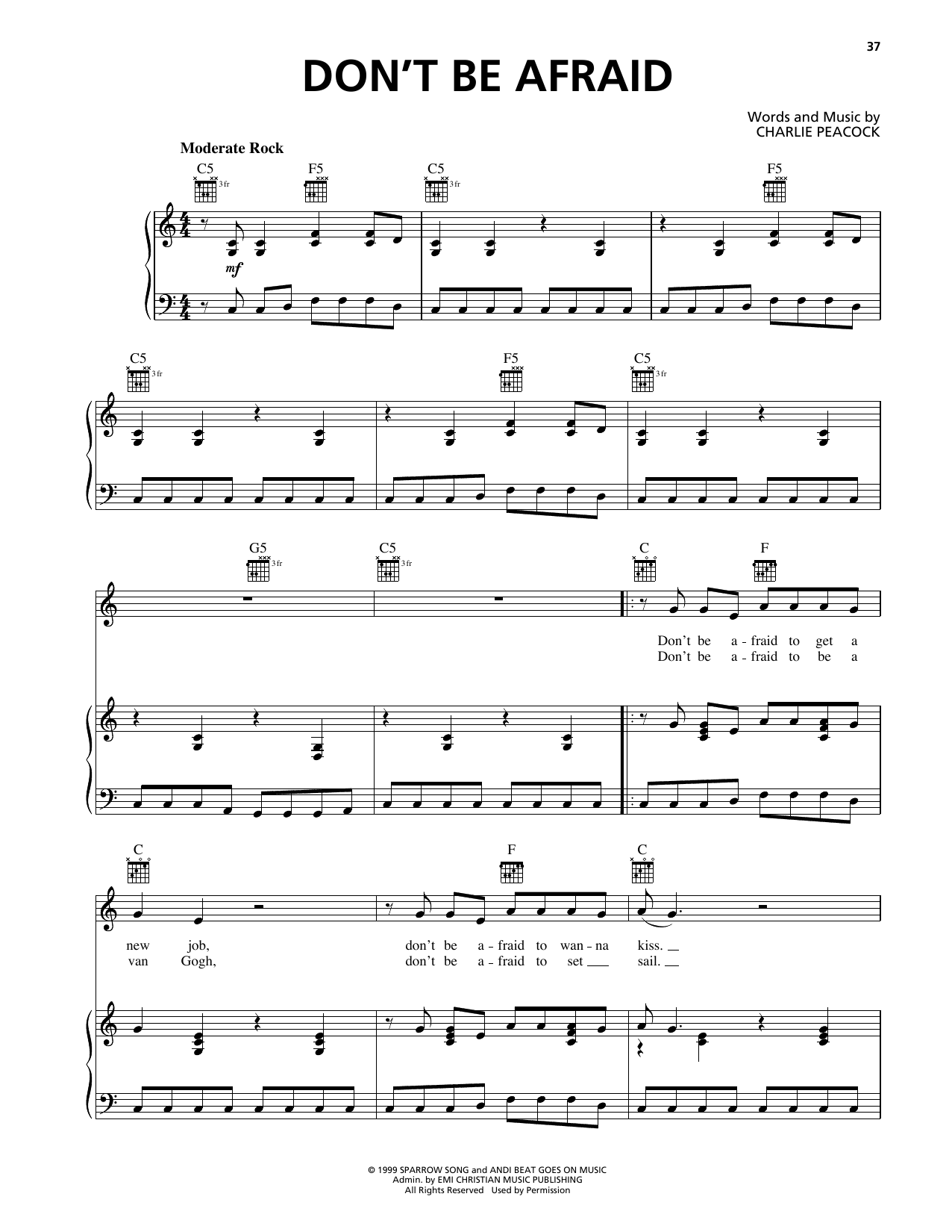 Charlie Peacock Don't Be Afraid sheet music notes and chords arranged for Piano, Vocal & Guitar Chords (Right-Hand Melody)