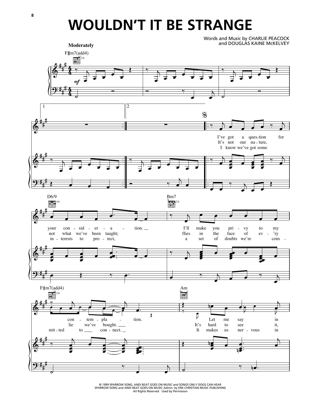 Learn to play Charlie Peacock Wouldn't It Be Strange sheet music for Piano, Vocal & Guitar Chords (Right-Hand Melody) in minutes. Price: 7.8900$ Charlie Peacock Wouldn't It Be Strange sheet music notes and chords arranged for Piano, Vocal & Guitar Chords (Right-Hand Melody)