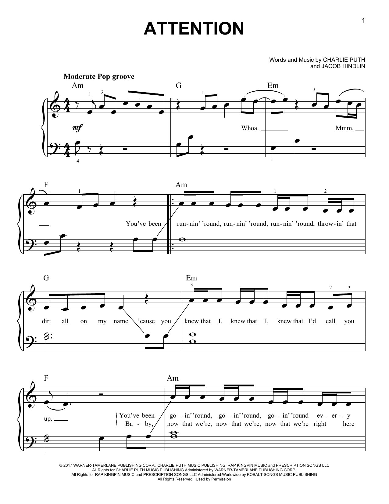 Charlie Puth Attention sheet music notes and chords. Download Printable PDF.