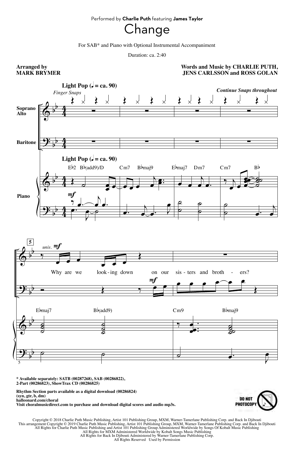 Charlie Puth Change (feat. James Taylor) (arr. Mark Brymer) sheet music notes and chords. Download Printable PDF.