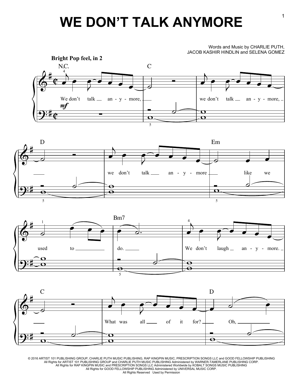 Charlie Puth We Don't Talk Anymore (feat. Selena Gomez) sheet music notes and chords arranged for Piano, Vocal & Guitar Chords (Right-Hand Melody)