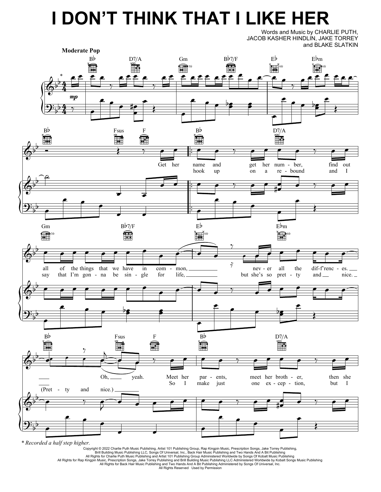 Charlie Puth I Don't Think That I Like Her sheet music notes and chords. Download Printable PDF.