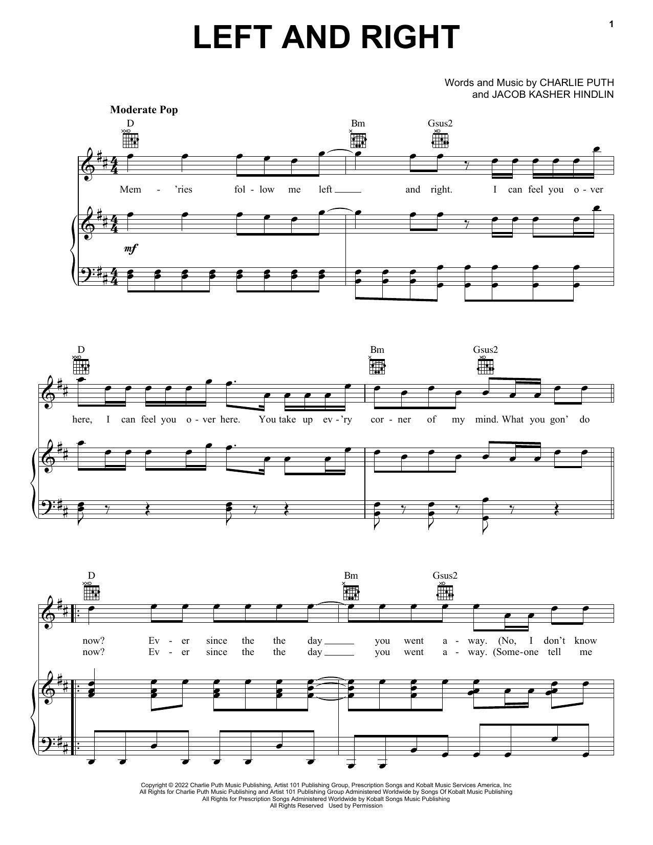 Charlie Puth Left And Right (feat. Jung Kook of BTS) sheet music notes and chords. Download Printable PDF.