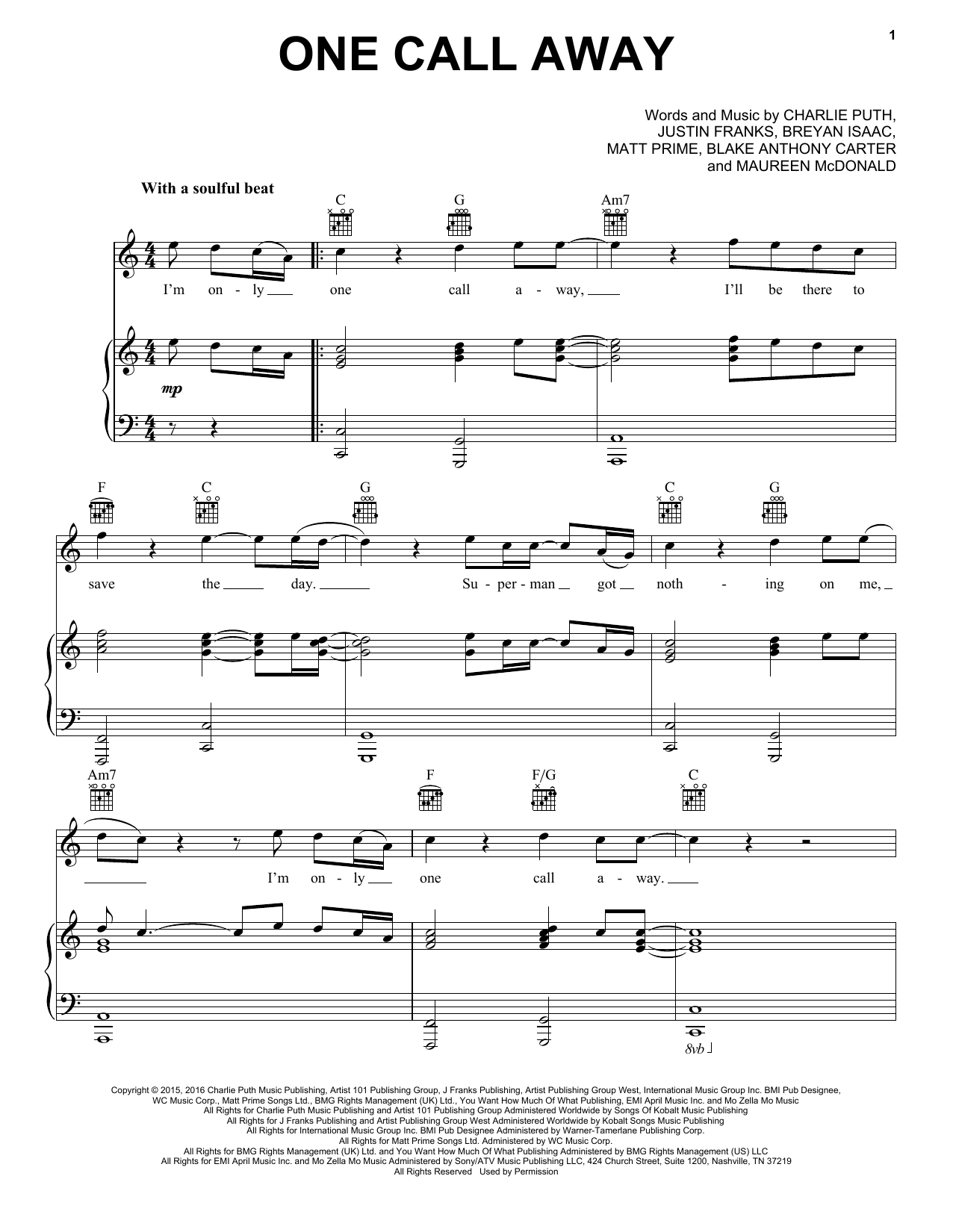 Charlie Puth One Call Away sheet music notes and chords. Download Printable PDF.