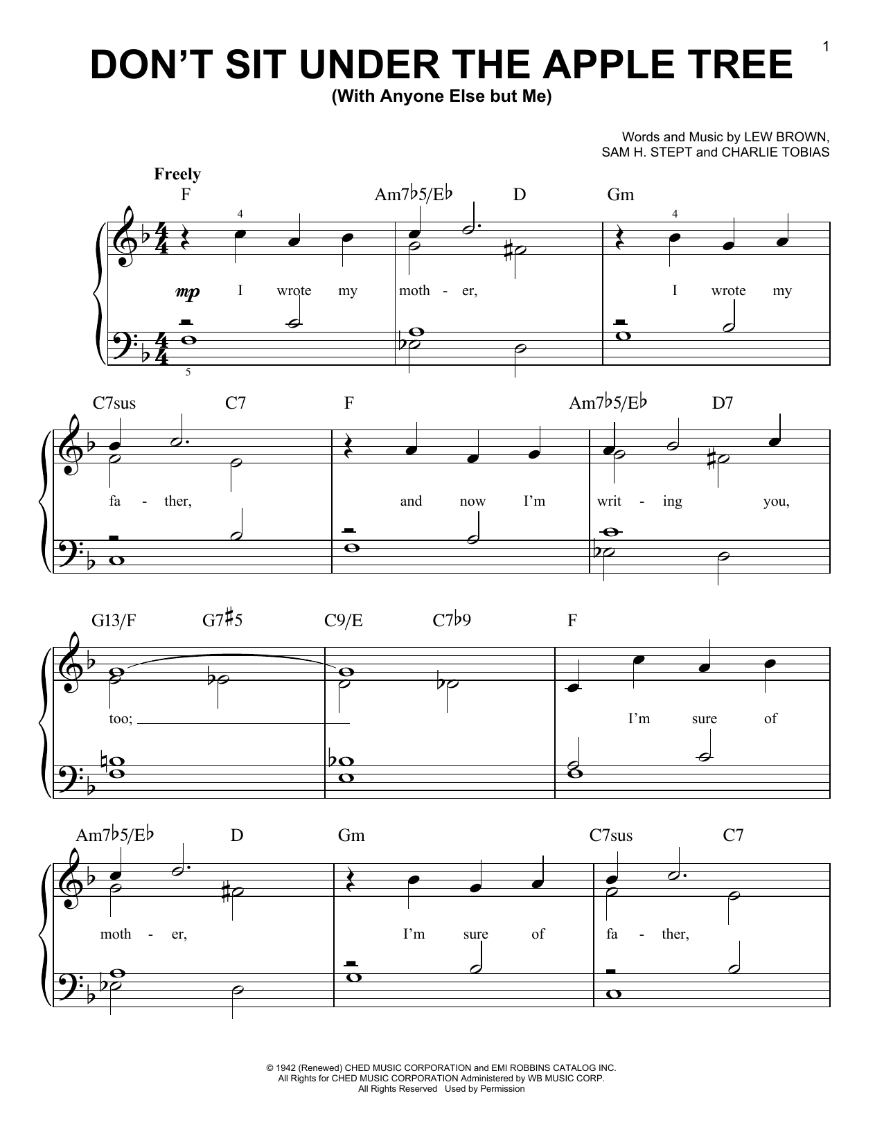 Learn to play Charlie Tobias Don't Sit Under The Apple Tree (With Anyone Else But Me) sheet music for Ukulele in minutes. Price: 5.9900$ Charlie Tobias Don't Sit Under The Apple Tree (With Anyone Else But Me) sheet music notes and chords arranged for Ukulele