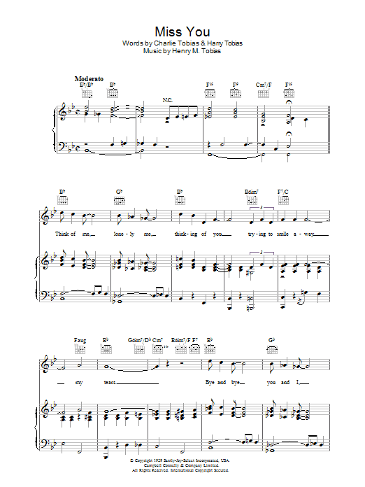 Charlie Tobias Miss You sheet music notes and chords arranged for Piano, Vocal & Guitar Chords