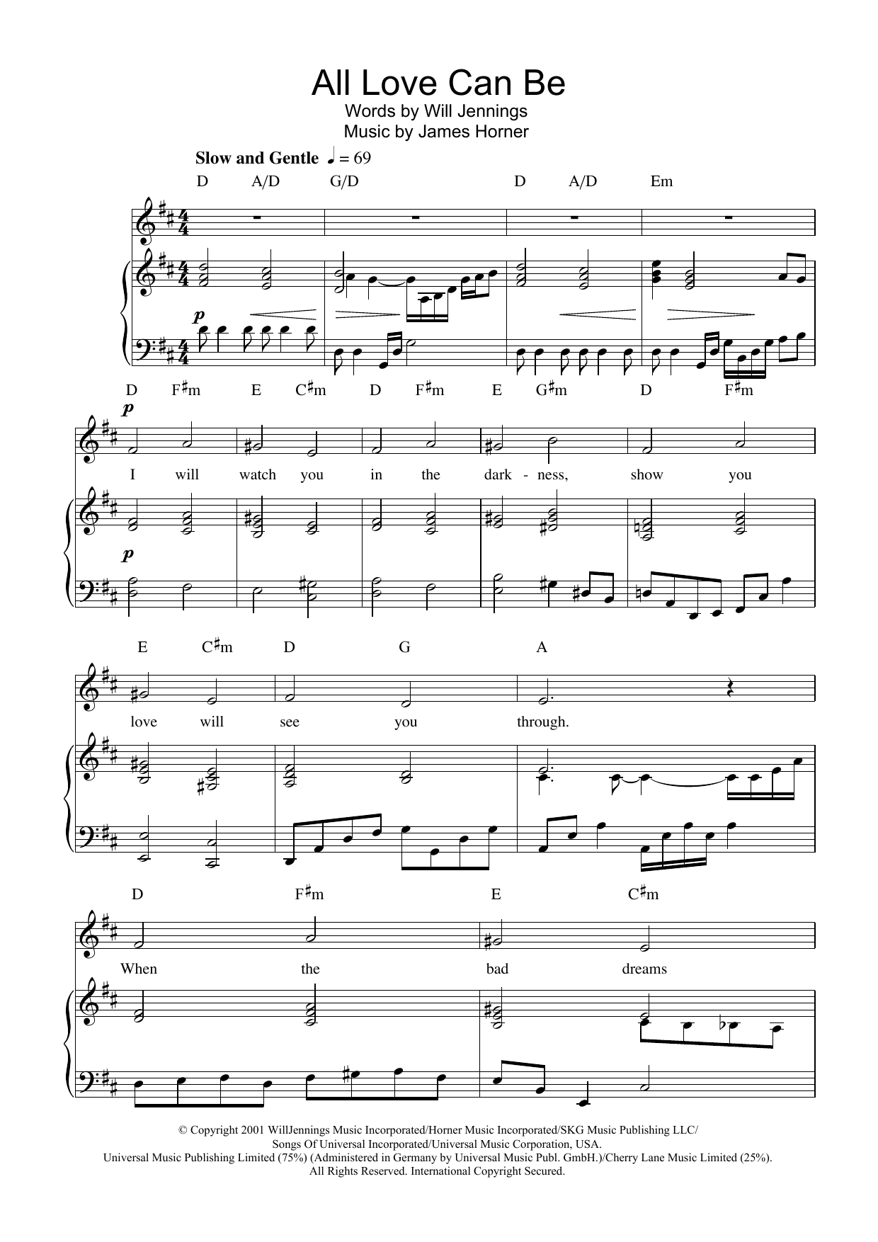 Learn to play Charlotte Church All Love Can Be (from A Beautiful Mind) sheet music for Piano, Vocal & Guitar Chords in minutes. Price: 7.8900$ Charlotte Church All Love Can Be (from A Beautiful Mind) sheet music notes and chords arranged for Piano, Vocal & Guitar Chords