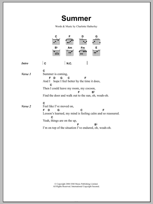 Charlotte Hatherley Summer sheet music notes and chords. Download Printable PDF.