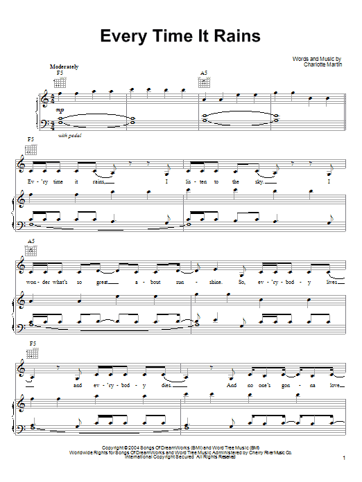 Learn to play Charlotte Martin Every Time It Rains sheet music for Piano, Vocal & Guitar Chords (Right-Hand Melody) in minutes. Price: 7.8900$ Charlotte Martin Every Time It Rains sheet music notes and chords arranged for Piano, Vocal & Guitar Chords (Right-Hand Melody)