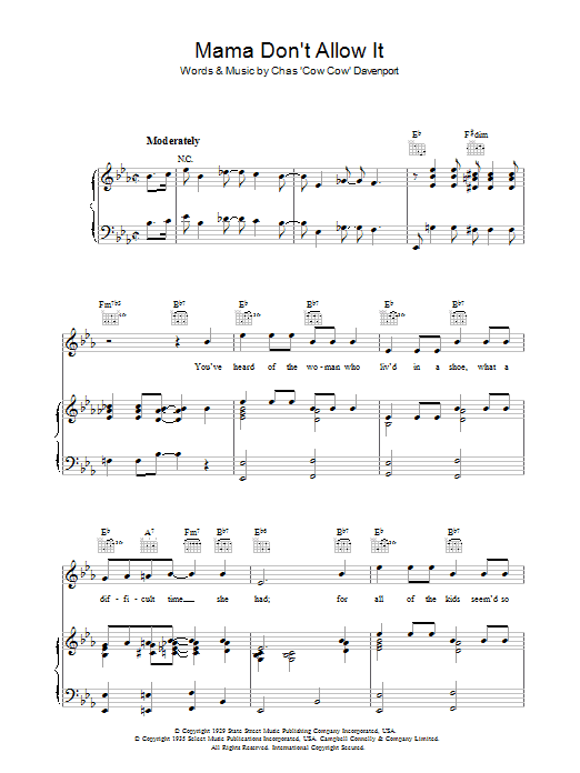 Learn to play Chas 'Cow Cow' Davenport Mama Don't Allow It sheet music for Piano, Vocal & Guitar Chords in minutes. Price: 7.8900$ Chas 'Cow Cow' Davenport Mama Don't Allow It sheet music notes and chords arranged for Piano, Vocal & Guitar Chords
