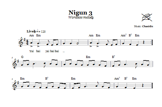 Learn to play Chasidic Nigun 3 (Wordless Melody) sheet music for Lead Sheet / Fake Book in minutes. Price: 5.9900$ Chasidic Nigun 3 (Wordless Melody) sheet music notes and chords arranged for Lead Sheet / Fake Book