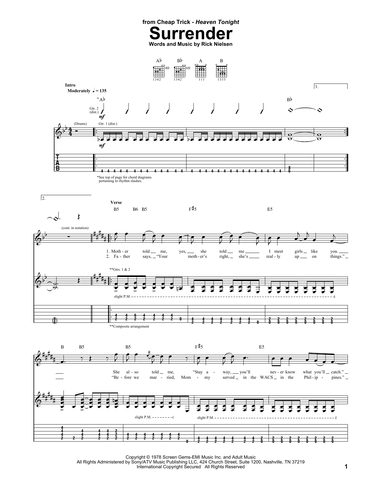 Cheap Trick Surrender sheet music notes and chords. Download Printable PDF.