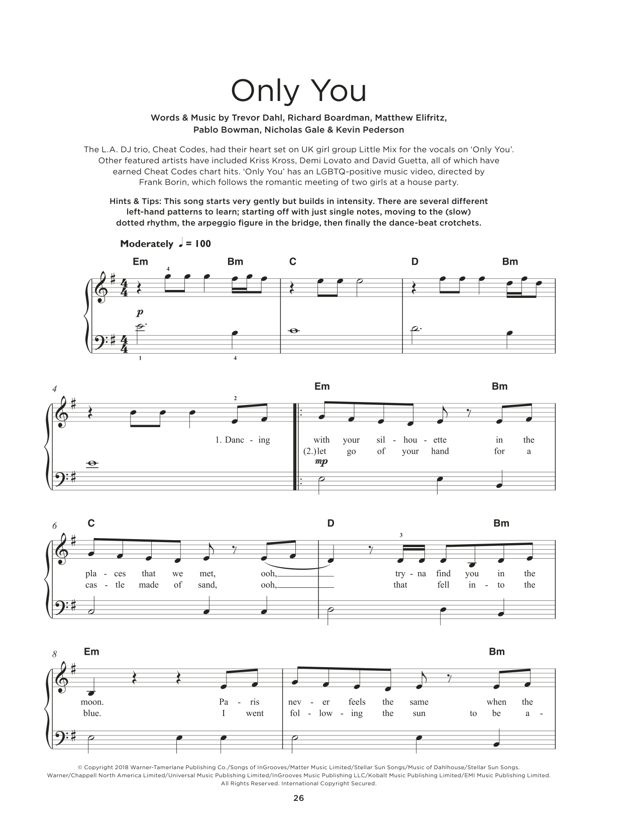 Cheat Codes and Little Mix Only You sheet music notes and chords arranged for Really Easy Piano