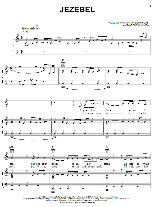 Chely Wright Jezebel sheet music notes and chords arranged for Piano, Vocal & Guitar Chords (Right-Hand Melody)