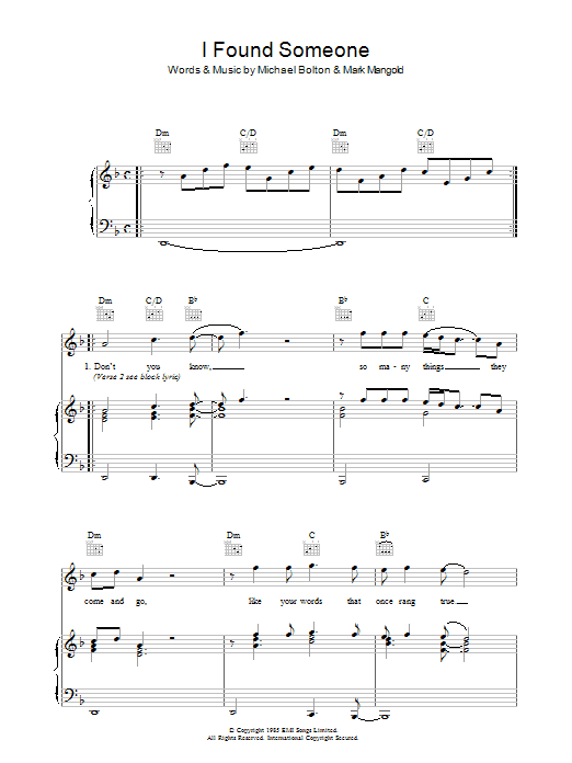 Learn to play Cher I Found Someone sheet music for Piano, Vocal & Guitar Chords in minutes. Price: 7.8900$ Cher I Found Someone sheet music notes and chords arranged for Piano, Vocal & Guitar Chords