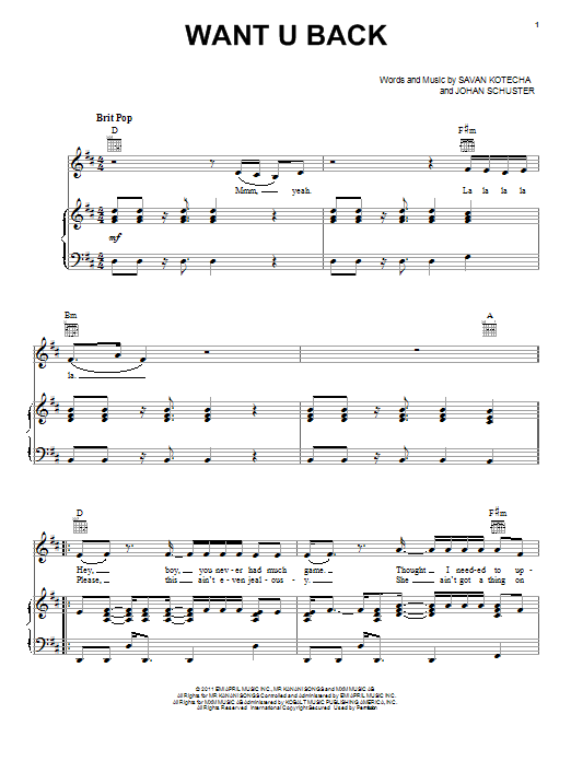 Learn to play Cher Lloyd Want U Back sheet music for Piano, Vocal & Guitar Chords (Right-Hand Melody) in minutes. Price: 7.8900$ Cher Lloyd Want U Back sheet music notes and chords arranged for Piano, Vocal & Guitar Chords (Right-Hand Melody)