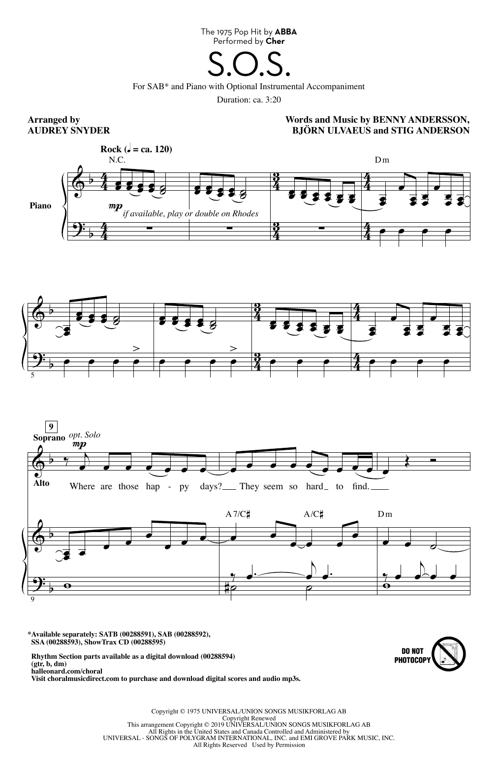 Cher S.O.S. (arr. Audrey Snyder) sheet music notes and chords. Download Printable PDF.