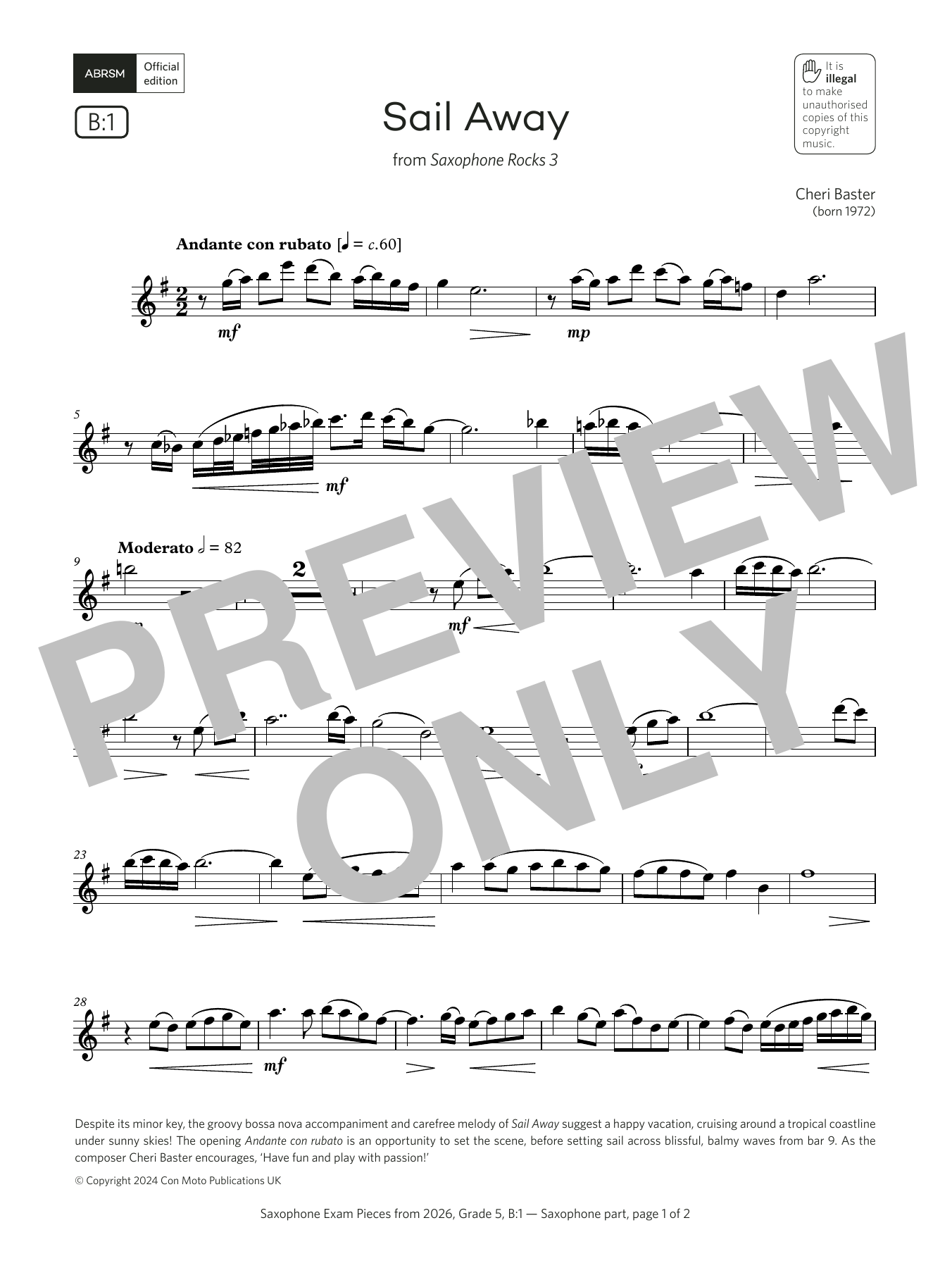 Learn to play Cheri Baster Sail Away (Grade 5, list B1, from the ABRSM Saxophone Syllabus from 2026) sheet music for Alto Sax Solo in minutes. Price: 5.9900$ Cheri Baster Sail Away (Grade 5, list B1, from the ABRSM Saxophone Syllabus from 2026) sheet music notes and chords arranged for Alto Sax Solo