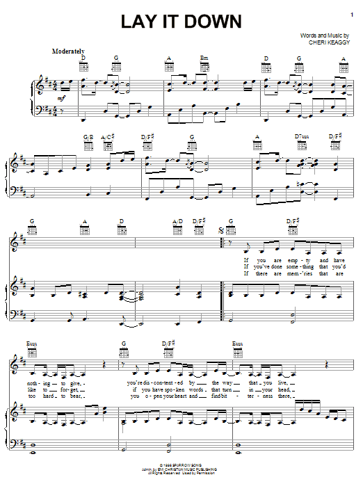 Learn to play Cheri Keaggy Lay It Down sheet music for Piano, Vocal & Guitar Chords (Right-Hand Melody) in minutes. Price: 7.8900$ Cheri Keaggy Lay It Down sheet music notes and chords arranged for Piano, Vocal & Guitar Chords (Right-Hand Melody)