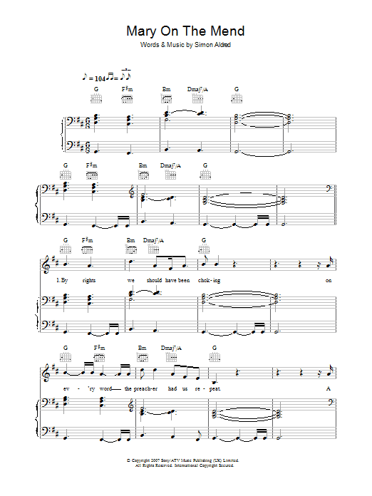 Learn to play Cherry Ghost Mary On The Mend sheet music for Piano, Vocal & Guitar Chords in minutes. Price: 7.8900$ Cherry Ghost Mary On The Mend sheet music notes and chords arranged for Piano, Vocal & Guitar Chords