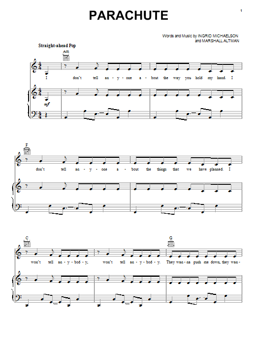 Learn to play Cheryl Parachute sheet music for Piano, Vocal & Guitar Chords (Right-Hand Melody) in minutes. Price: 7.8900$ Cheryl Parachute sheet music notes and chords arranged for Piano, Vocal & Guitar Chords (Right-Hand Melody)