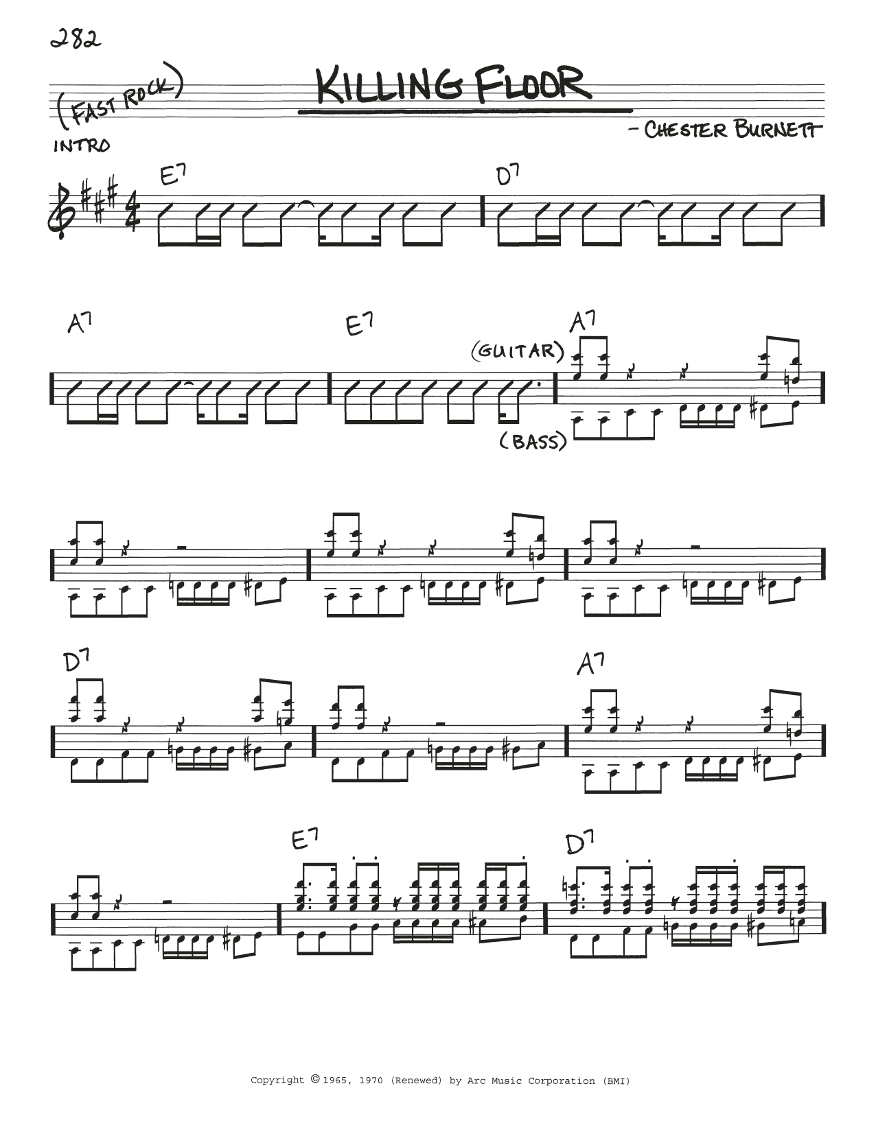 Learn to play Chester Burnett Killing Floor sheet music for Real Book – Melody, Lyrics & Chords in minutes. Price: 5.9900$ Chester Burnett Killing Floor sheet music notes and chords arranged for Real Book – Melody, Lyrics & Chords
