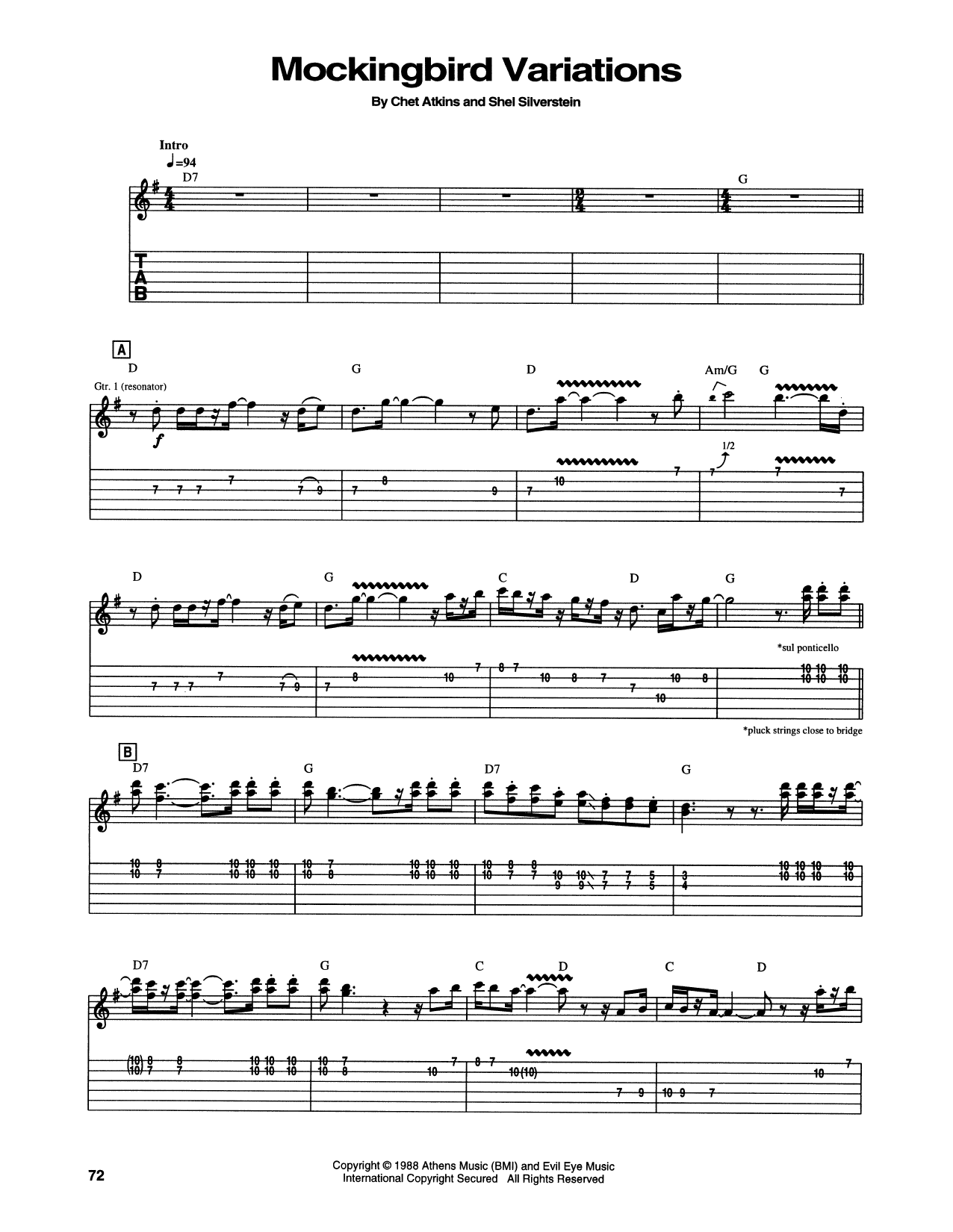 Learn to play Chet Atkins Mockingbird Variations sheet music for Guitar Tab in minutes. Price: 7.8900$ Chet Atkins Mockingbird Variations sheet music notes and chords arranged for Guitar Tab
