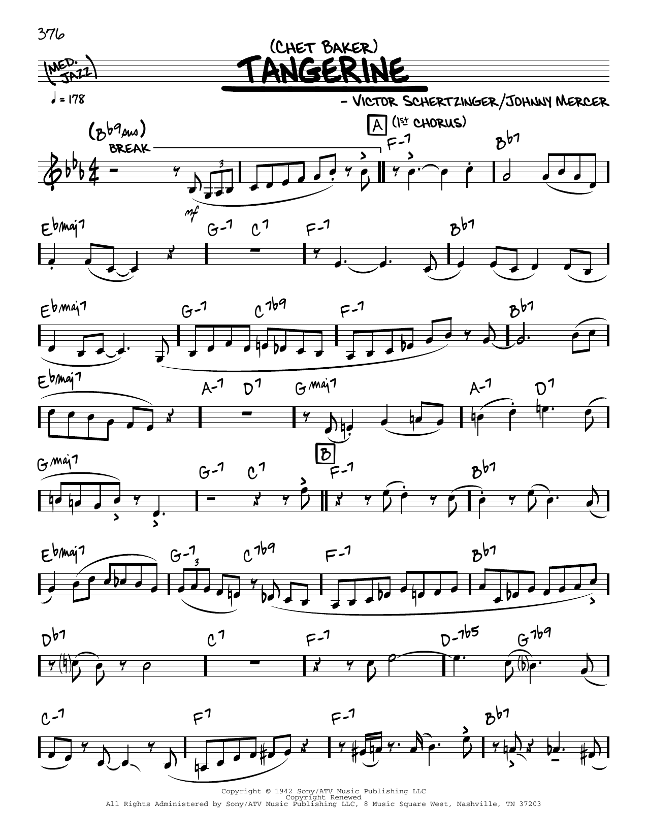 Chet Baker Tangerine (solo only) sheet music notes and chords arranged for Real Book – Melody & Chords