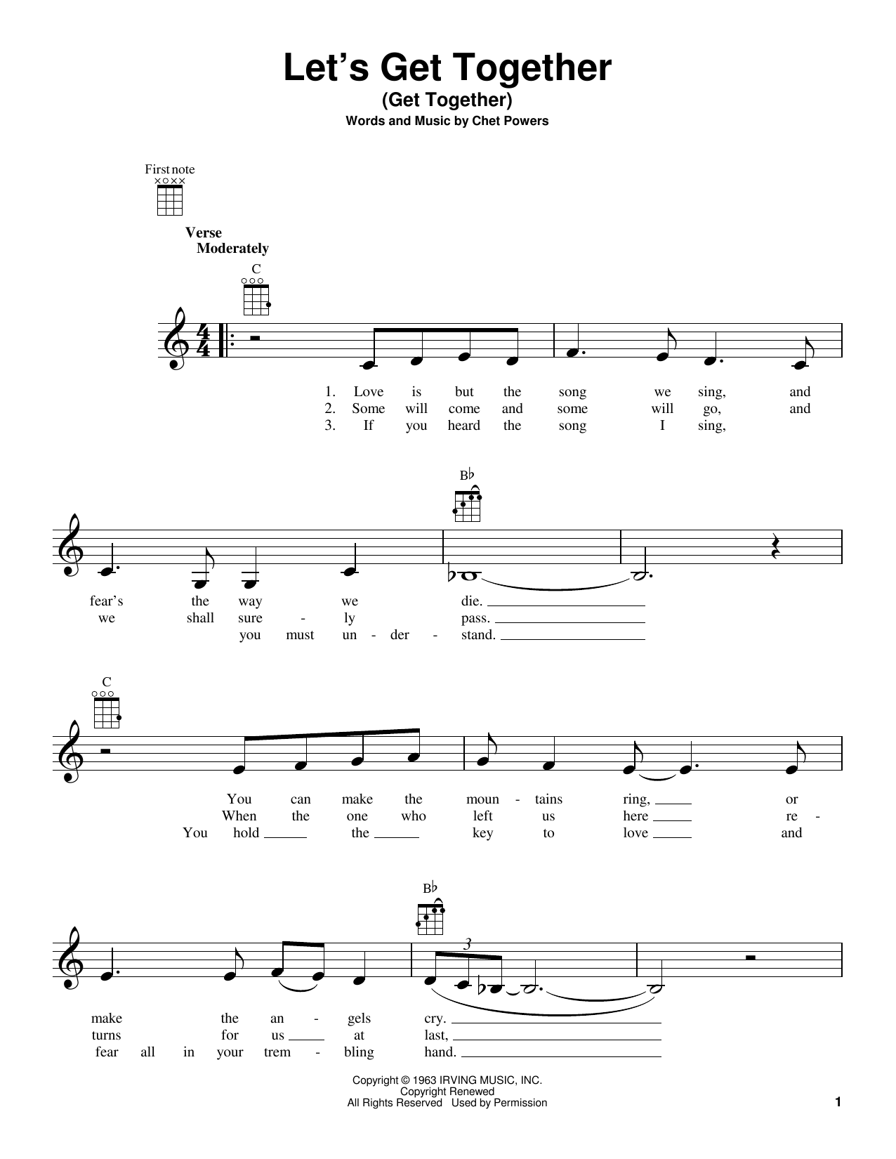 Learn to play Chet Powers Let's Get Together (Get Together) sheet music for Ukulele in minutes. Price: 5.9900$ Chet Powers Let's Get Together (Get Together) sheet music notes and chords arranged for Ukulele