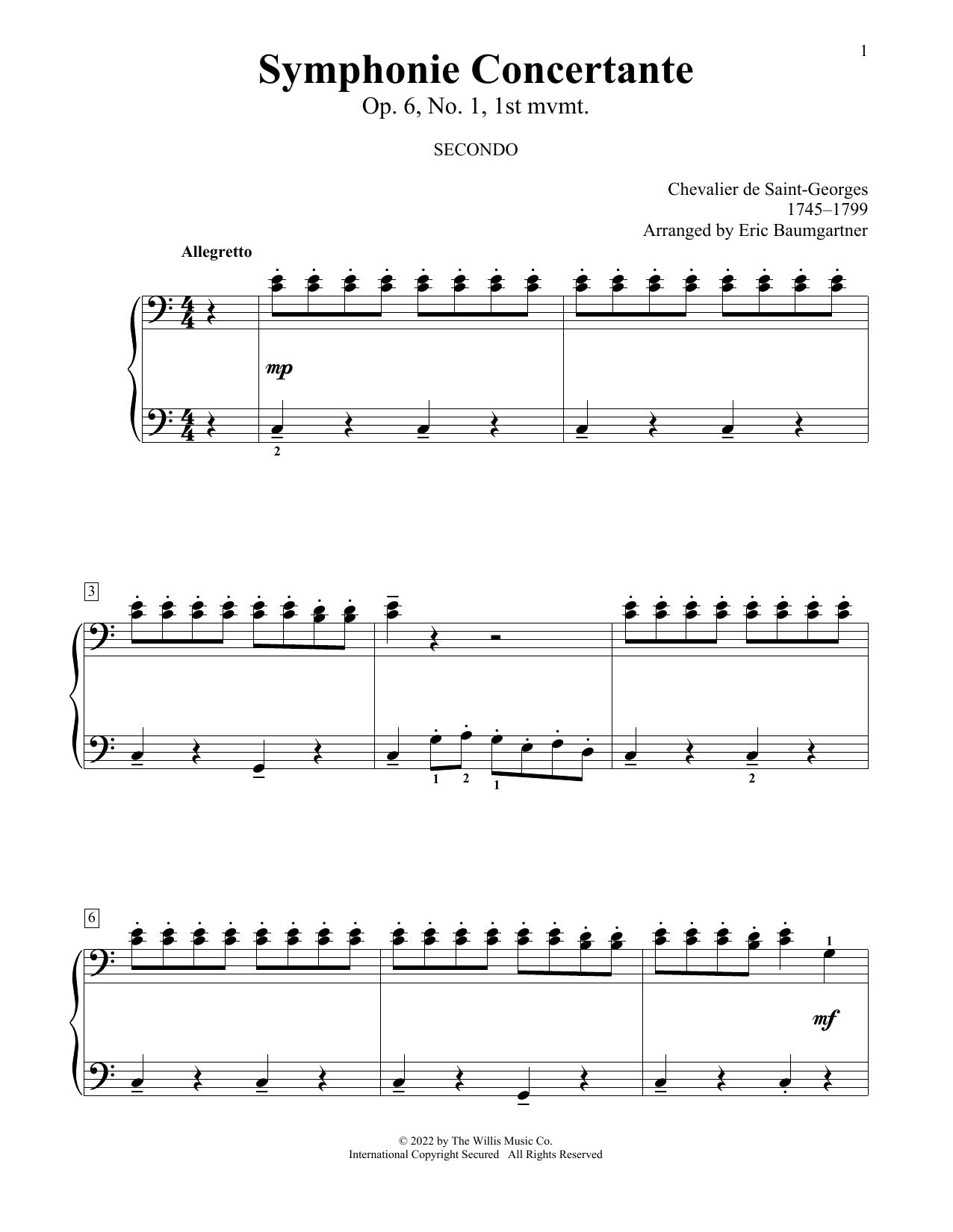Learn to play Chevalier de Saint-Georges Symphonie Concertante, Op. 6, No. 1, 1st Mvmt (arr. Eric Baumgartner) sheet music for Piano Duet in minutes. Price: 7.8900$ Chevalier de Saint-Georges Symphonie Concertante, Op. 6, No. 1, 1st Mvmt (arr. Eric Baumgartner) sheet music notes and chords arranged for Piano Duet