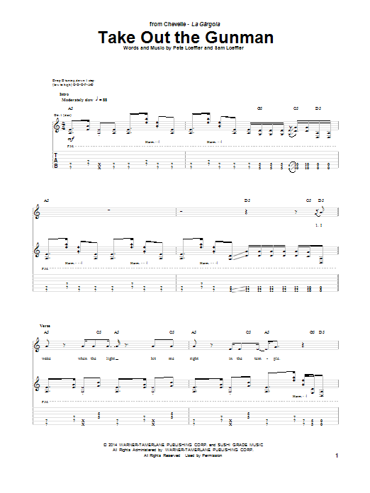 Learn to play Chevelle Take Out The Gunman sheet music for Guitar Tab in minutes. Price: 7.8900$ Chevelle Take Out The Gunman sheet music notes and chords arranged for Guitar Tab
