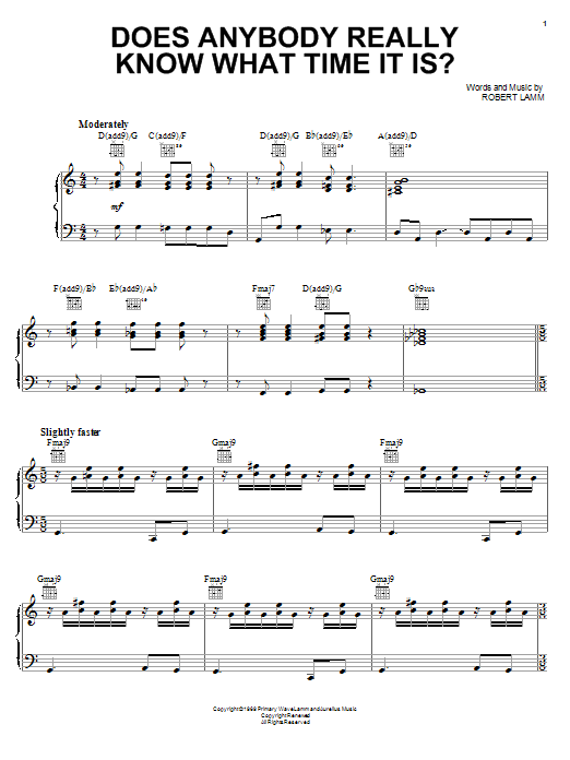 Chicago Does Anybody Really Know What Time It Is? sheet music notes and chords arranged for Piano, Vocal & Guitar Chords (Right-Hand Melody)