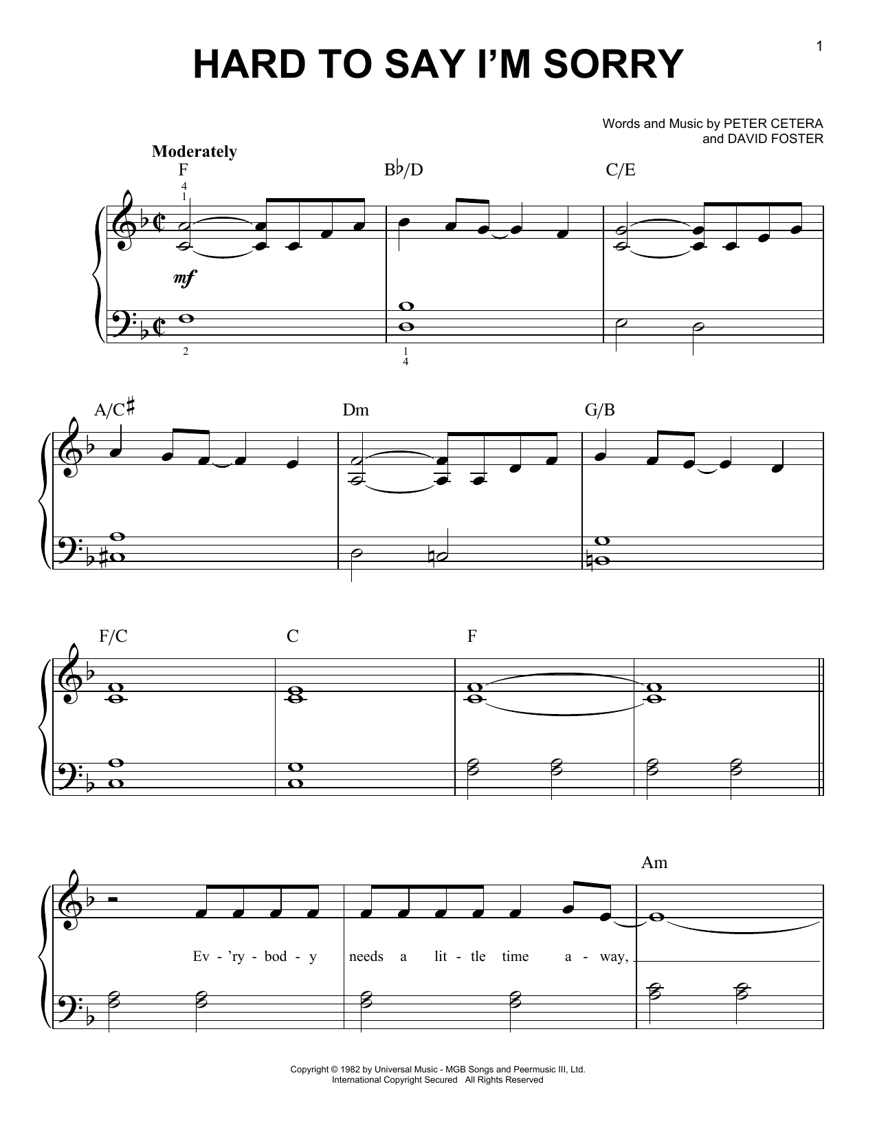 Chicago Hard To Say I'm Sorry sheet music notes and chords. Download Printable PDF.