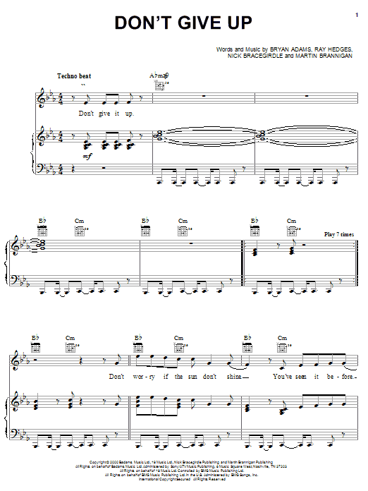 Learn to play Bryan Adams Don't Give Up sheet music for Piano, Vocal & Guitar Chords (Right-Hand Melody) in minutes. Price: 7.8900$ Bryan Adams Don't Give Up sheet music notes and chords arranged for Piano, Vocal & Guitar Chords (Right-Hand Melody)