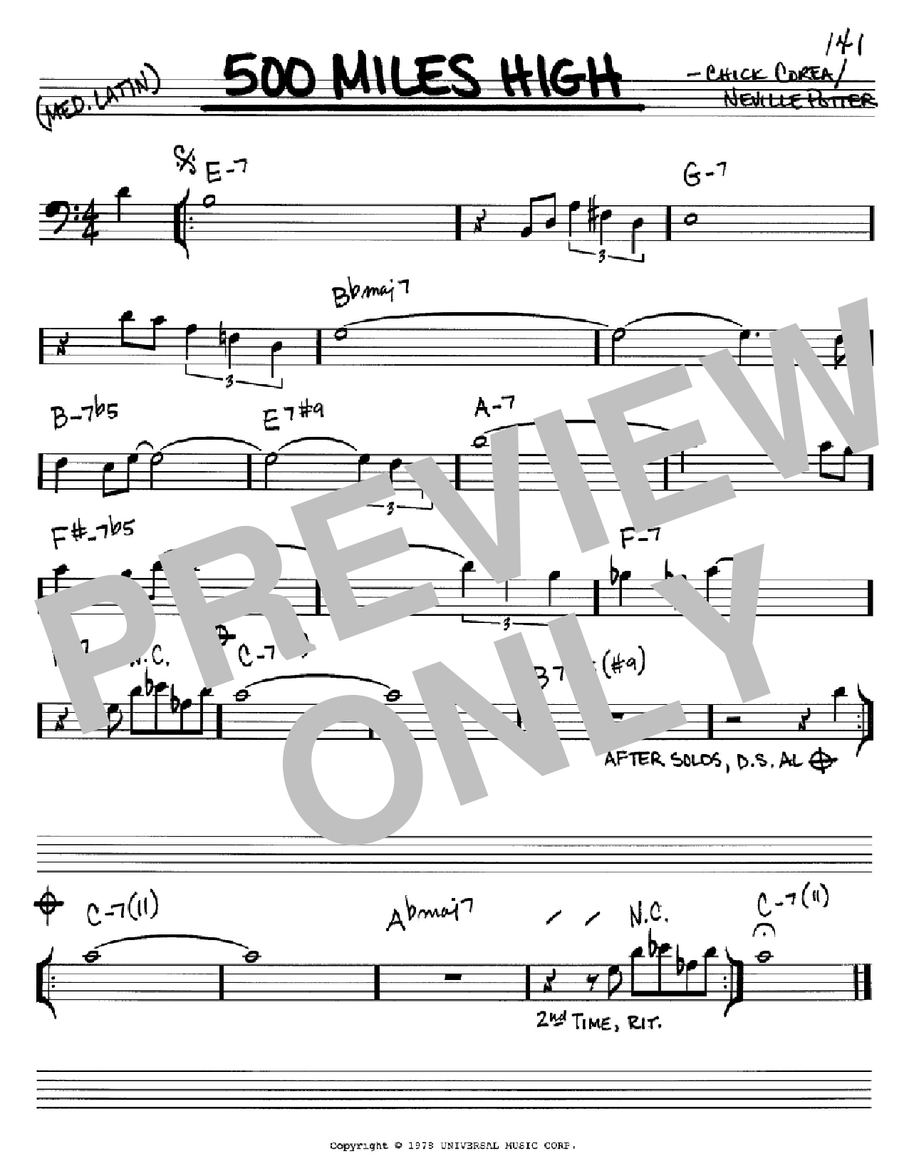 Chick Corea 500 Miles High sheet music notes and chords arranged for Real Book – Melody & Chords – Bass Clef Instruments