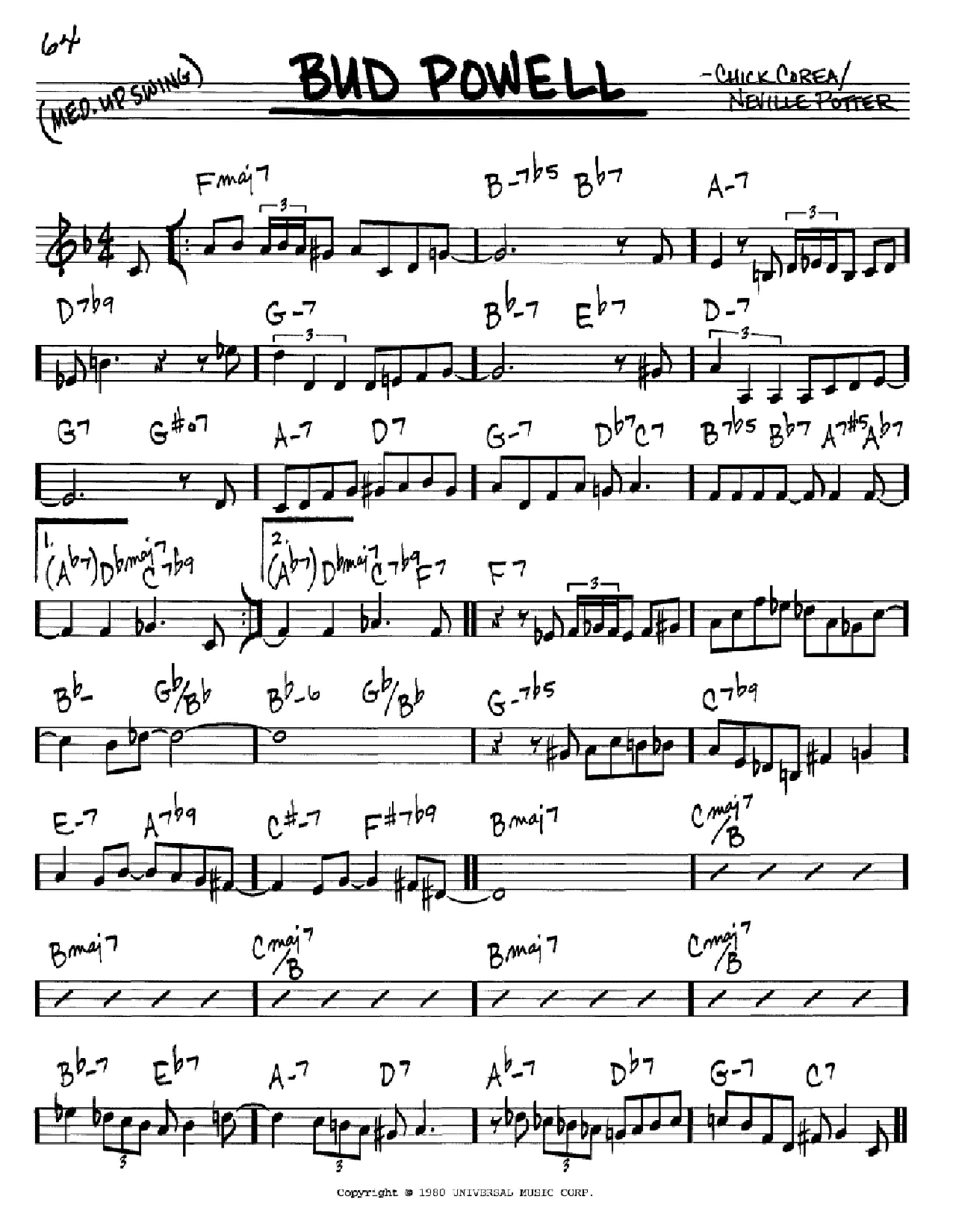 Learn to play Chick Corea Bud Powell sheet music for Real Book – Melody & Chords – C Instruments in minutes. Price: 5.9900$ Chick Corea Bud Powell sheet music notes and chords arranged for Real Book – Melody & Chords – C Instruments