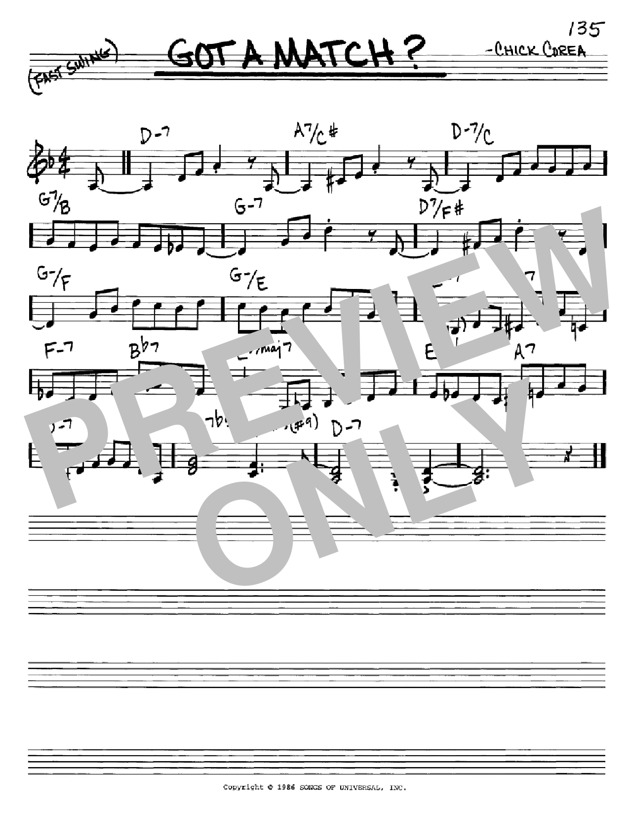 Learn to play Chick Corea Got A Match? sheet music for Real Book – Melody & Chords – C Instruments in minutes. Price: 5.9900$ Chick Corea Got A Match? sheet music notes and chords arranged for Real Book – Melody & Chords – C Instruments