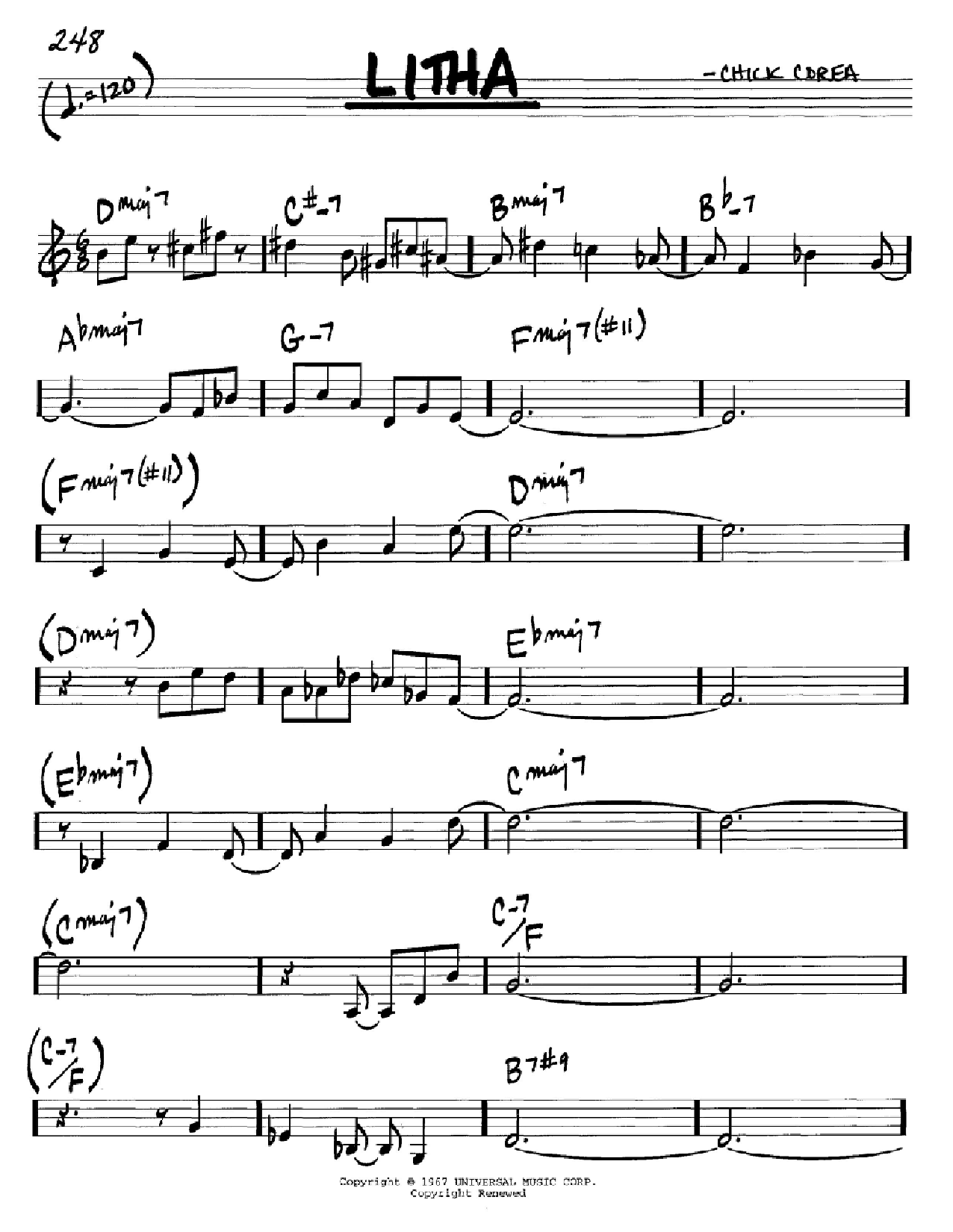 Learn to play Chick Corea Litha sheet music for Real Book – Melody & Chords – Bb Instruments in minutes. Price: 5.9900$ Chick Corea Litha sheet music notes and chords arranged for Real Book – Melody & Chords – Bb Instruments