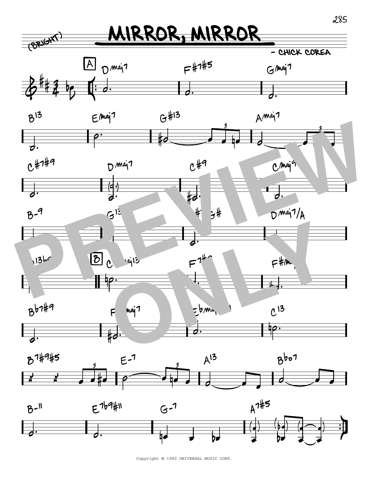 Learn to play Chick Corea Mirror, Mirror sheet music for Real Book – Melody & Chords in minutes. Price: 5.9900$ Chick Corea Mirror, Mirror sheet music notes and chords arranged for Real Book – Melody & Chords