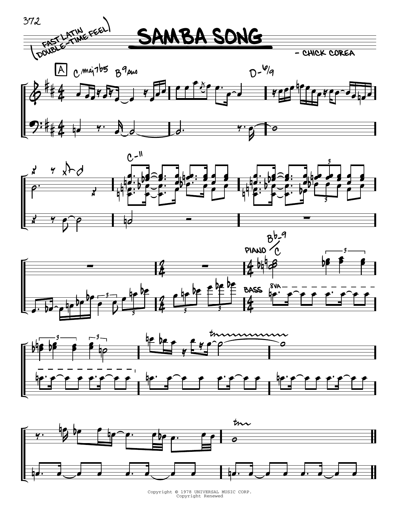 Learn to play Chick Corea Samba Song sheet music for Real Book – Melody & Chords in minutes. Price: 5.9900$ Chick Corea Samba Song sheet music notes and chords arranged for Real Book – Melody & Chords