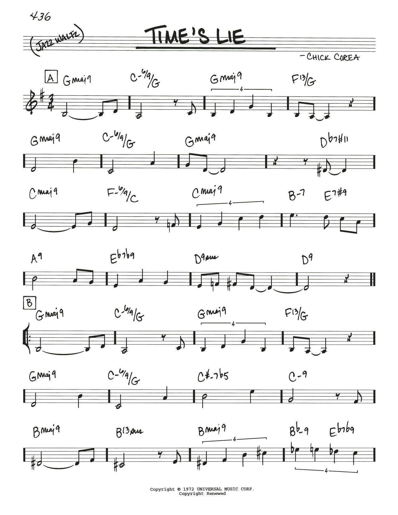 Learn to play Chick Corea Time's Lie sheet music for Real Book – Melody & Chords in minutes. Price: 5.9900$ Chick Corea Time's Lie sheet music notes and chords arranged for Real Book – Melody & Chords