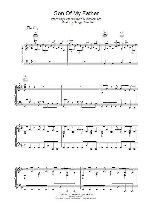 Learn to play Chicory Tip Son Of My Father sheet music for Piano Chords/Lyrics in minutes. Price: 3.9900$ Chicory Tip Son Of My Father sheet music notes and chords arranged for Piano Chords/Lyrics