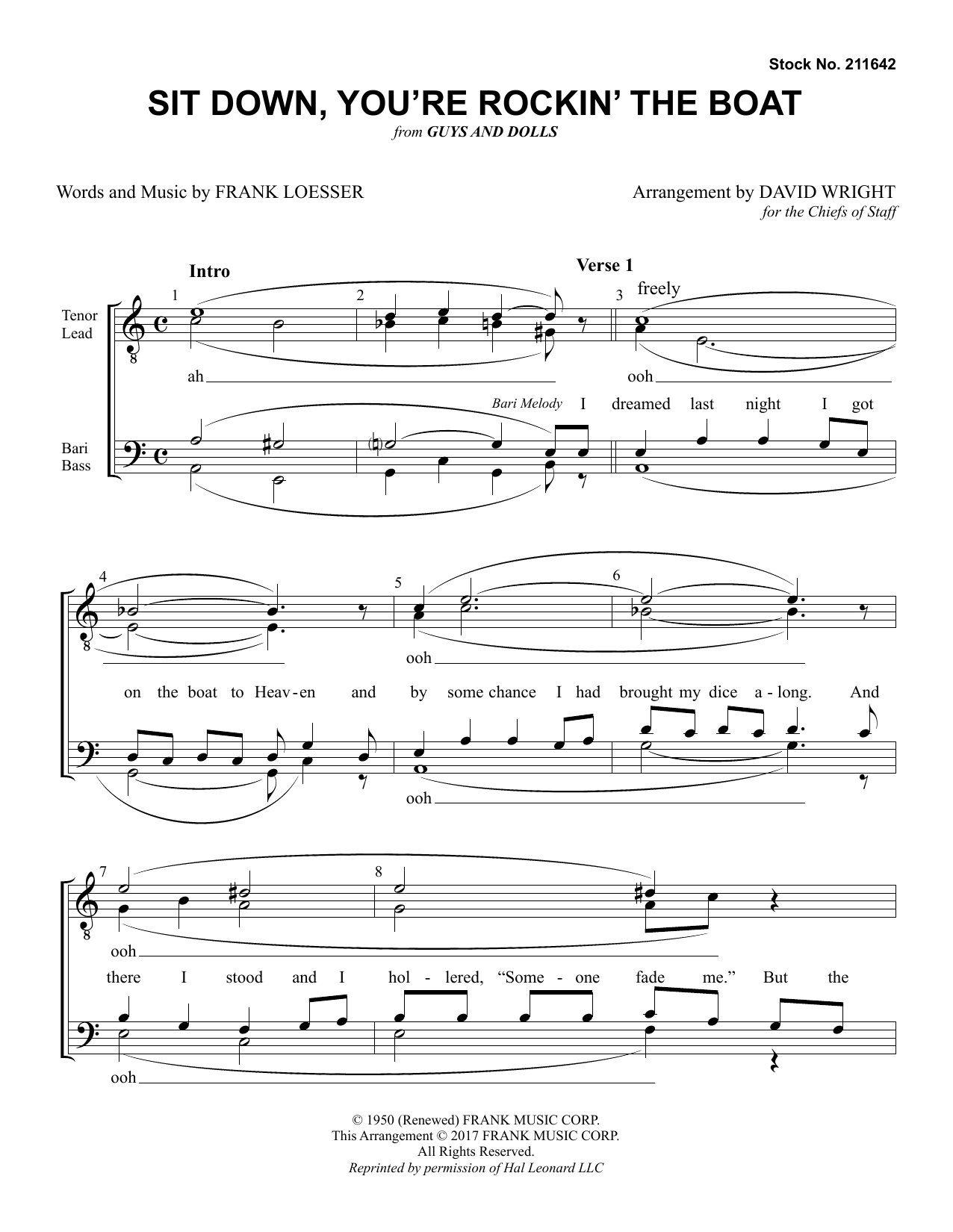 Chiefs of Staff Sit Down, You're Rockin' The Boat (from Guys And Dolls) (arr. David Wright) sheet music notes and chords. Download Printable PDF.