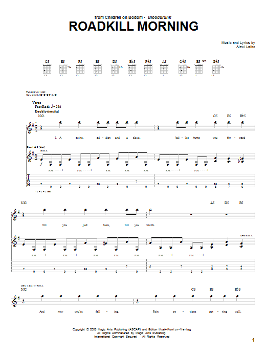 Learn to play Children Of Bodom Roadkill Morning sheet music for Guitar Tab in minutes. Price: 7.8900$ Children Of Bodom Roadkill Morning sheet music notes and chords arranged for Guitar Tab