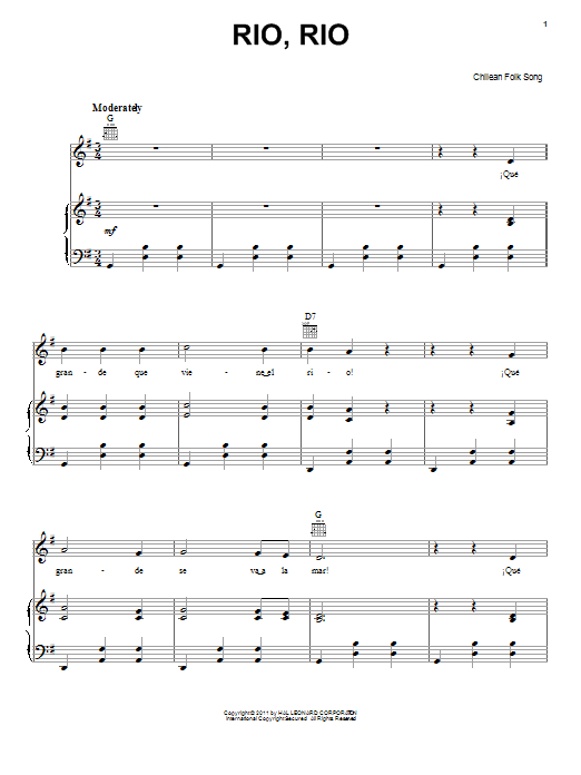Learn to play Chilean Folksong Rio, Rio sheet music for Piano, Vocal & Guitar Chords (Right-Hand Melody) in minutes. Price: 7.8900$ Chilean Folksong Rio, Rio sheet music notes and chords arranged for Piano, Vocal & Guitar Chords (Right-Hand Melody)